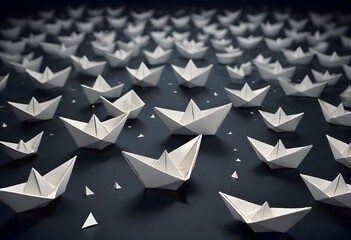White Origami Boats on Dark Reflective Surface with Dim Lighting and Shadows, Generative AI - obrazy, fototapety, plakaty