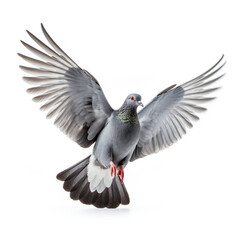 Fototapeta premium Grey pigeon on flight isolated on white background сreated with Generative Ai