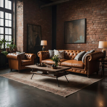Elegantes Loft-Wohnzimmer mit Chesterfield-Ledersofas und Backsteinmauern