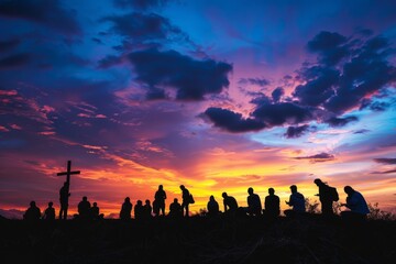 Silhouetted Group Against a Vivid Sunset Sky