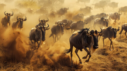Captivating ultra 4k, 8k photo of a herd of wildebeest stampeding across the African plains during the Great Migration, their thunderous hooves kicking up clouds of dust as they race toward - obrazy, fototapety, plakaty
