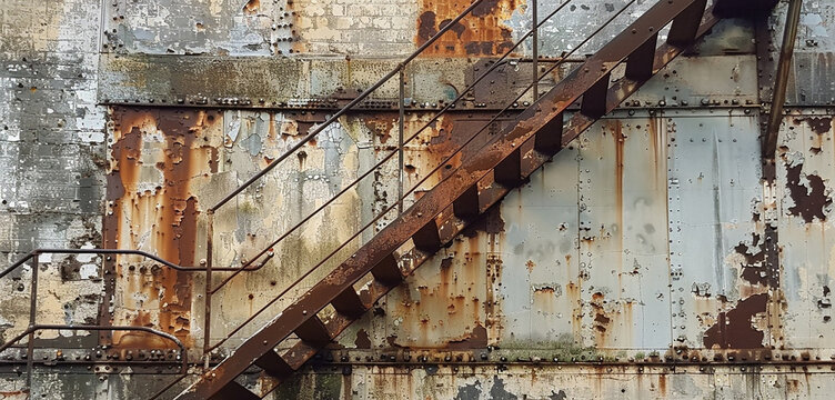 The rusty remains of an old fire escape staircase on the side of a derelict building