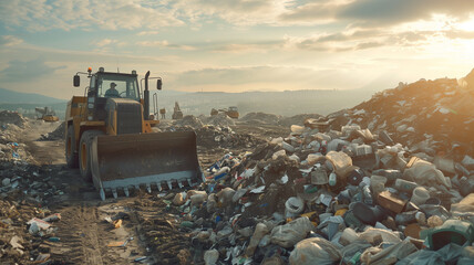 Bulldozer at a garbage dump. The concept of improper garbage disposal. Negative Human Impact on the Environment.
