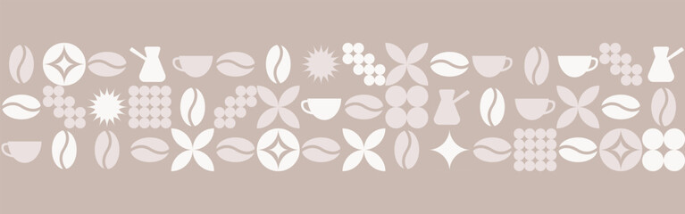 Coffee seamless background for textile and wallpaper with geometric shapes and coffee beans. Fashionable splash template with a cup in brown and green tones. - 777126938
