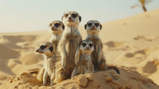 Enchanting ultra 4k, 8k photo of a family of meerkats huddled together in the desert sands, their curious expressions and playful antics captured with stunning realism
