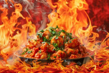 Spicy Chicken Dish on Fire with Intense Flames and Herbs Served on a Dark Background Culinary Delight Concept