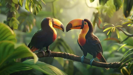 Poster Enchanting ultra 4k, 8k photo of a pair of colorful toucans perched on a branch in the lush rainforest, their vibrant plumage and curious expressions captured with unparalleled realism  © CREATER CENTER