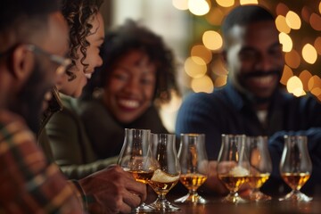 Naklejka premium Joyful Whisky Tasting Event with Friends, Warm Indoor Lighting