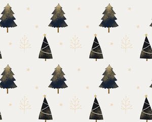 white Christmas seamless paper texture, Christmas trees decorated with golden glitter and stars. Minimalist scandi winter background - 777128396