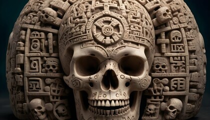 Fototapeta na wymiar A-Skull-Adorned-With-Intricate-Mayan-Glyphs-A-Rel-