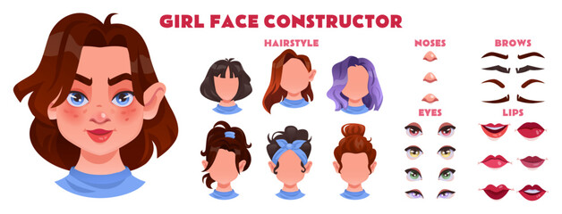 Face woman construction. Avatar girl. Cartoon character generator kit. Mouth and nose. Eye with brow. Facial animation. Smile lips. Beautiful hairstyle. Attractive young female. Vector tidy create set