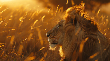 Majestic ultra 4k, 8k photo of a lion basking in the golden light of the savanna, its mane blowing...