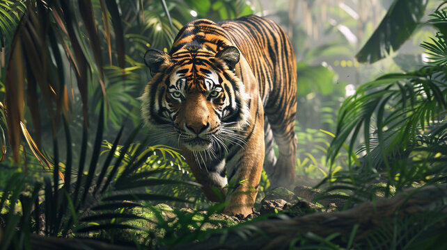 Majestic ultra 4k, 8k photo of a regal Bengal tiger prowling through the dense foliage of the jungle, its powerful muscles rippling beneath its striped fur, captured with breathtaking