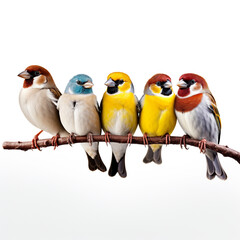 Fototapeta premium colorful sparrows sitting on branch isolated on white background сreated with Generative Ai