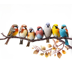 Fototapeta premium colorful sparrows sitting on branch isolated on white background сreated with Generative Ai