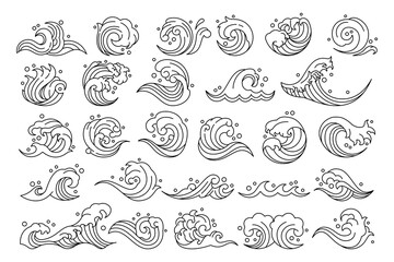 Wave icon. Pattern Japanese, Japan sea, water ocean. Logo Chinese, Asian graphic, Thai orient style, element splash design, decorate minimalistic design. Marine logotype. Outline pictogram. Vector set