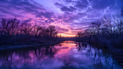 Photo sur Plexiglas Bleu foncé Twilight Serenity: A Tranquil Evening Landscape of River, Sky, and Silhouetted Trees