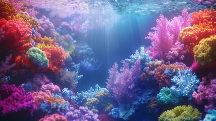 Naklejka na ściany i meble Mesmerizing ultra 4k, 8k colorful background resembling a vibrant coral reef, with an array of vivid colors, intricate patterns, and marine life, creating a visually stunning underwater scene captured