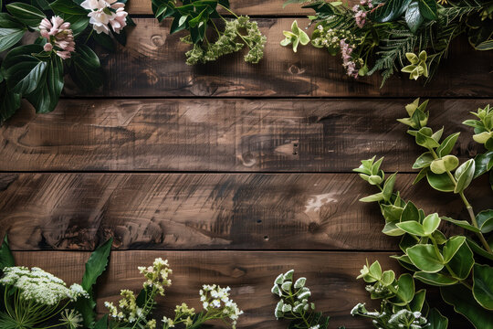 Beautiful framing of leaves and flowers on a wooden background with space for text.  Background image. Created with Generative AI technology.