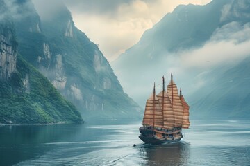 Ancient Chinese junk boat on the Yangtze River, emphasizing its elegant structure and the timeless beauty of the surrounding scenery. - obrazy, fototapety, plakaty