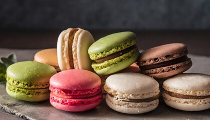 Macarons of different colors on a table.