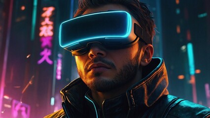 A portrait of a man wearing a virtual reality headset mask glasses surrounded by night megapolis neon lights. Dark futuristic cyberpunk art sci-fi illustration. Future tech concept.
