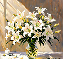 bouquet of flowers in vase, delicate petals of a white lily surrounded by flowers blooming in garden, generative AI 