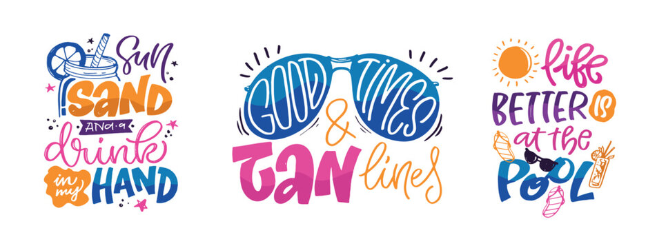 Set with hand drawn lettering quotes in modern calligraphy style about summer. Slogans for print and poster design. 100% Vector image