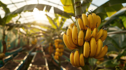 Naklejka premium Promotional photo - Ripe bananas growing on tree in greenhouse