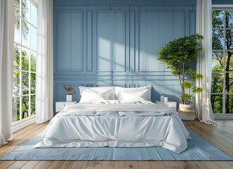 3D rendering of a luxury bedroom interior design with a white bed and blue panel wall, wood floor and a forest mural wallpaper background