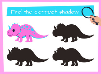 Dino worksheet. Finding correct animal shadow. Dinosaur searching. Children logic game. Jurassic lizards connect with silhouette shapes. Preschool kids riddle test. Vector educational puzzle design