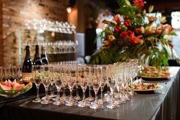 Upscale Catering Setup with Wine and Appetizers for Networking