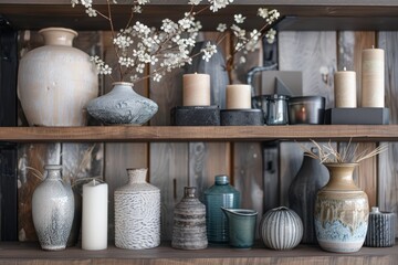 Fototapeta na wymiar Artisan Vases and Candles on Wooden Shelf