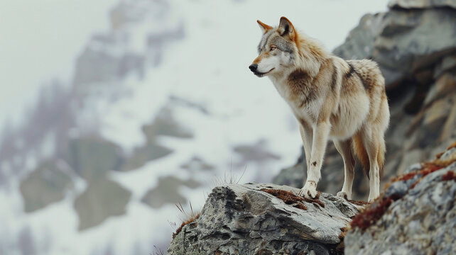 Stunning ultra 4k, 8k photo of a solitary wolf standing on a rocky outcrop, 
