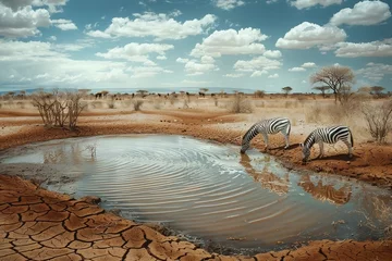 Deurstickers Drought-stricken Savannah: Giraffes struggling to find water amidst dried-up watering holes and wilted vegetation © AT media stock