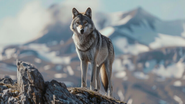 Stunning ultra 4k, 8k photo of a solitary wolf standing on a rocky outcrop, 