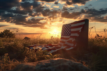 American flag lying on a grave on Memorial Day at sunset among flowers