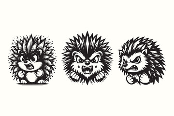 Set of angry Hedgehog black and white vector illustration