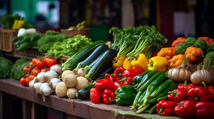 Bright fresh vegetables and fruits on the counter of a street vegetable market сreated with Generative Ai