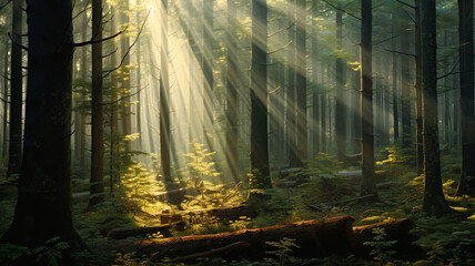 Sunlight filtering through a dense forest of towering trees.
