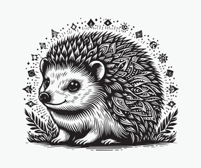Hedgehog black and white vector illustration, Decorative design