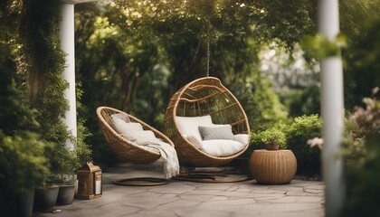 A serene garden patio adorned with wicker furniture, a hanging chair, and abundant green foliage. - obrazy, fototapety, plakaty