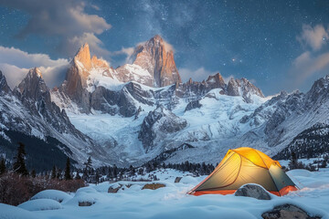 Moonlit snowy mountain landscape with glowing tent. Generative AI image