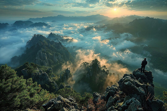 Adventurer beholding a breathtaking mountain sunrise. Generative AI image