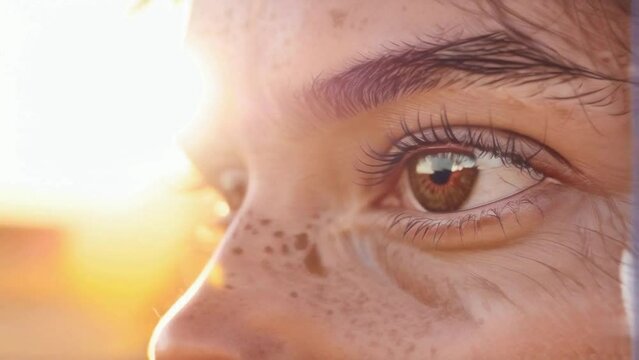 Close up of a woman's brown eyes looking and staring at the horizon illuminated by the sunset light.