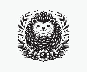 Hedgehog black and white vector illustration, Decorative design