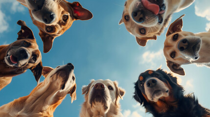 地面に有るカメラを覗き込む犬たち