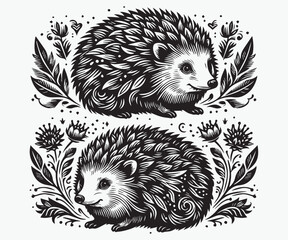 Hedgehog black and white vector illustration, Decorative design
