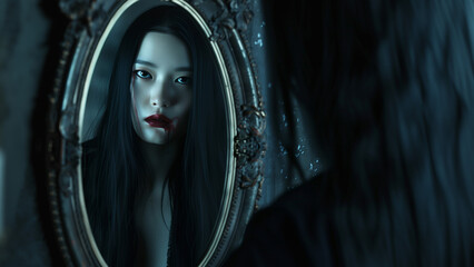 暗い部屋で鏡越しにこちらを見る髪の長い日本人女性