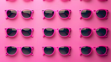 ショッキングピンクの背景へ同じサングラスが複数並ぶパターン
